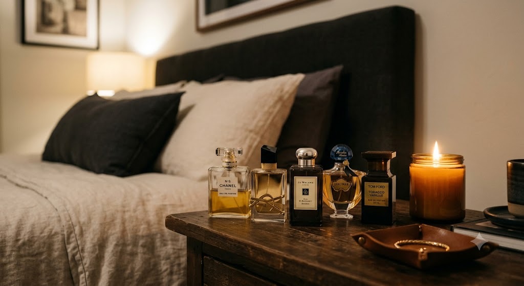  A beautiful nighttime display of luxury perfume bottles arranged neatly on a dark wooden nightstand next to a glowing candle